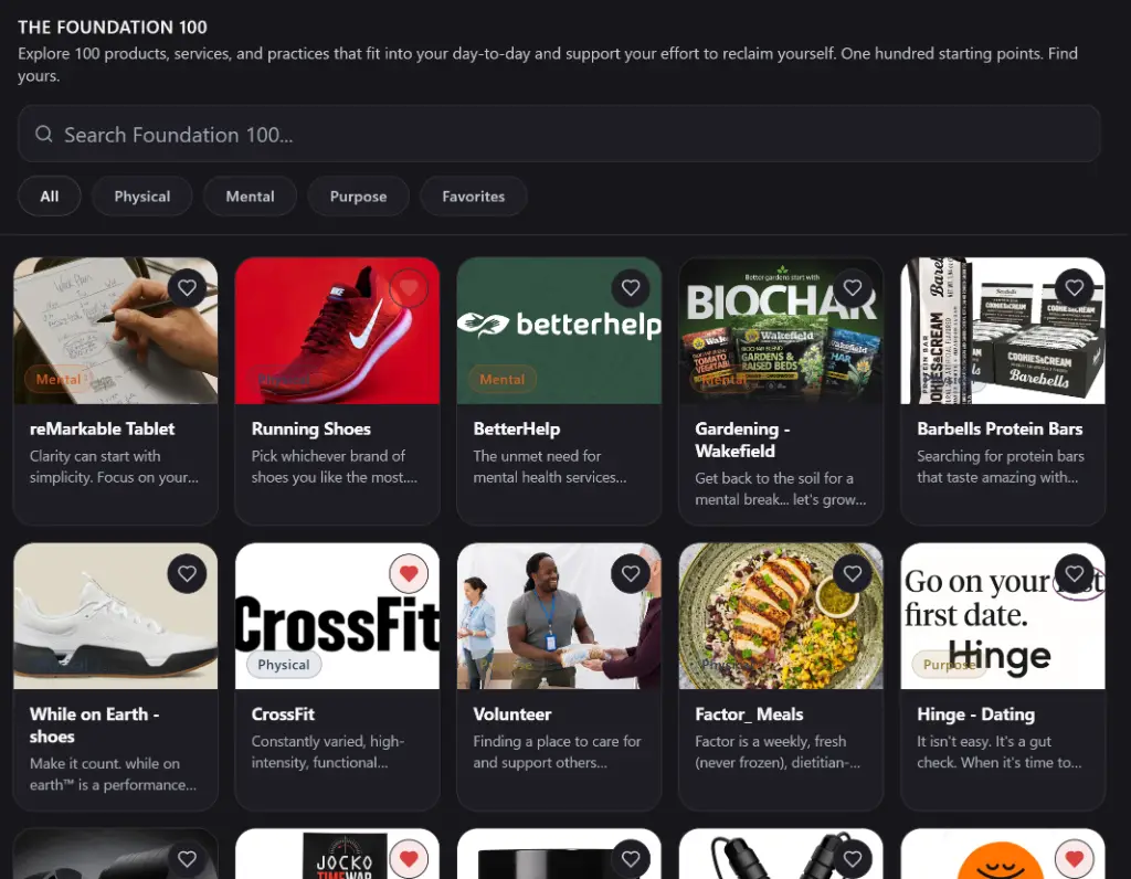 Live Your Wave Foundation 100 library with Physical, Mental, and Purpose filters, search, and favorites